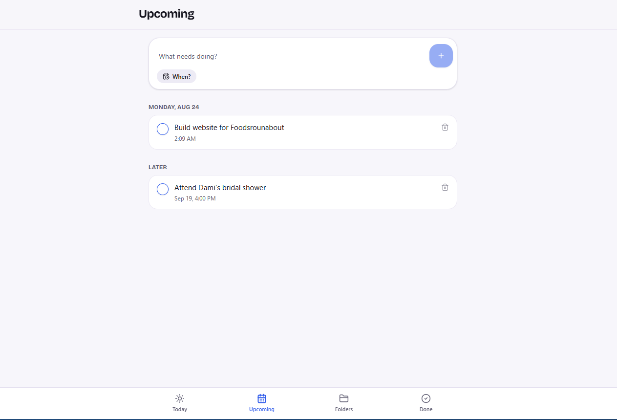 Upcoming tasks grouped by day